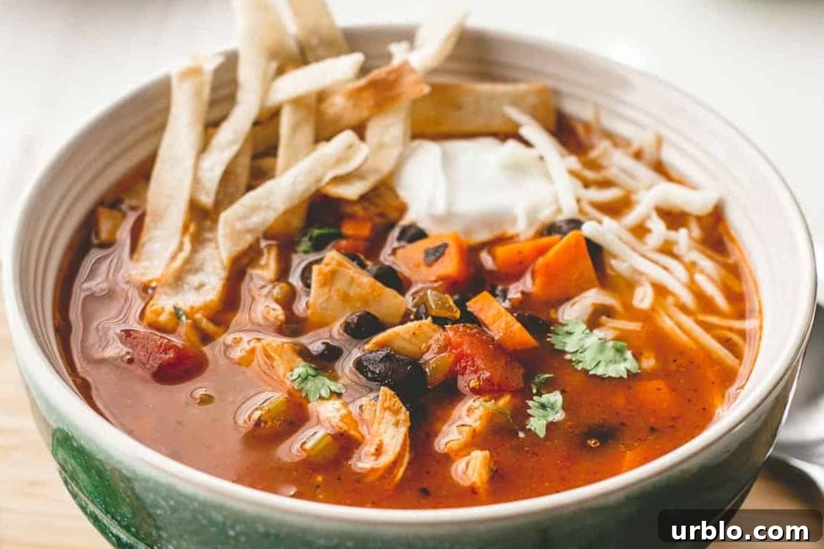 Bowl of tortilla soup topped with strips and avocado.