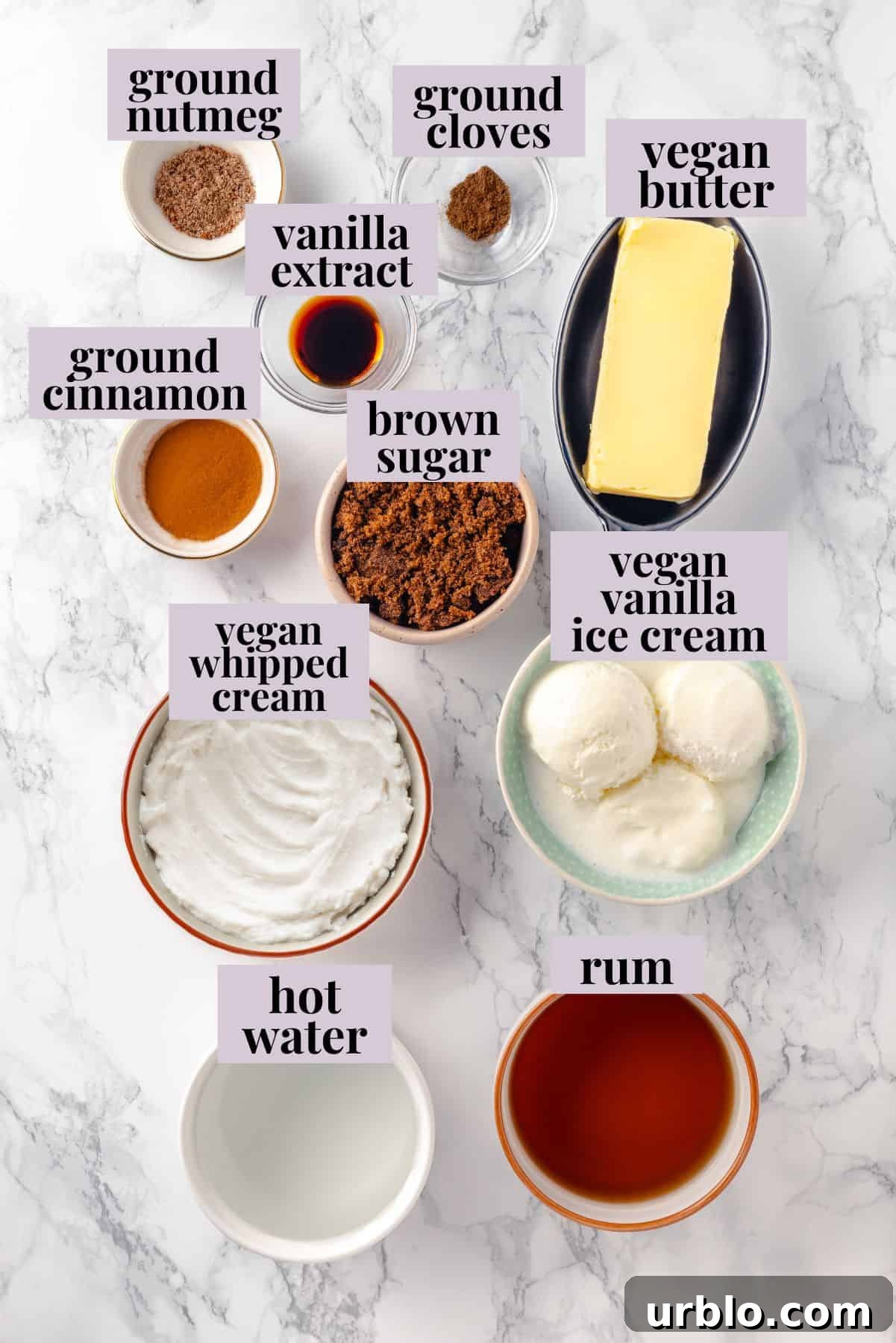 Overhead view of ingredients for hot buttered rum