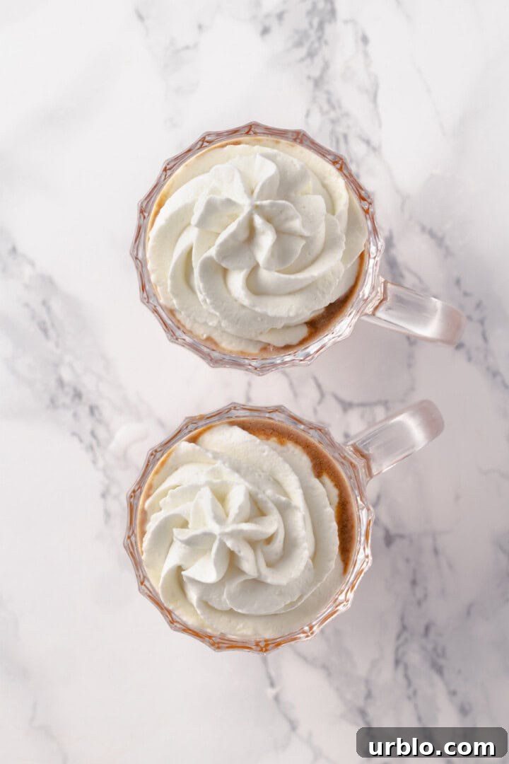 Overhead view of hot buttered rum topped with vegan whipped cream