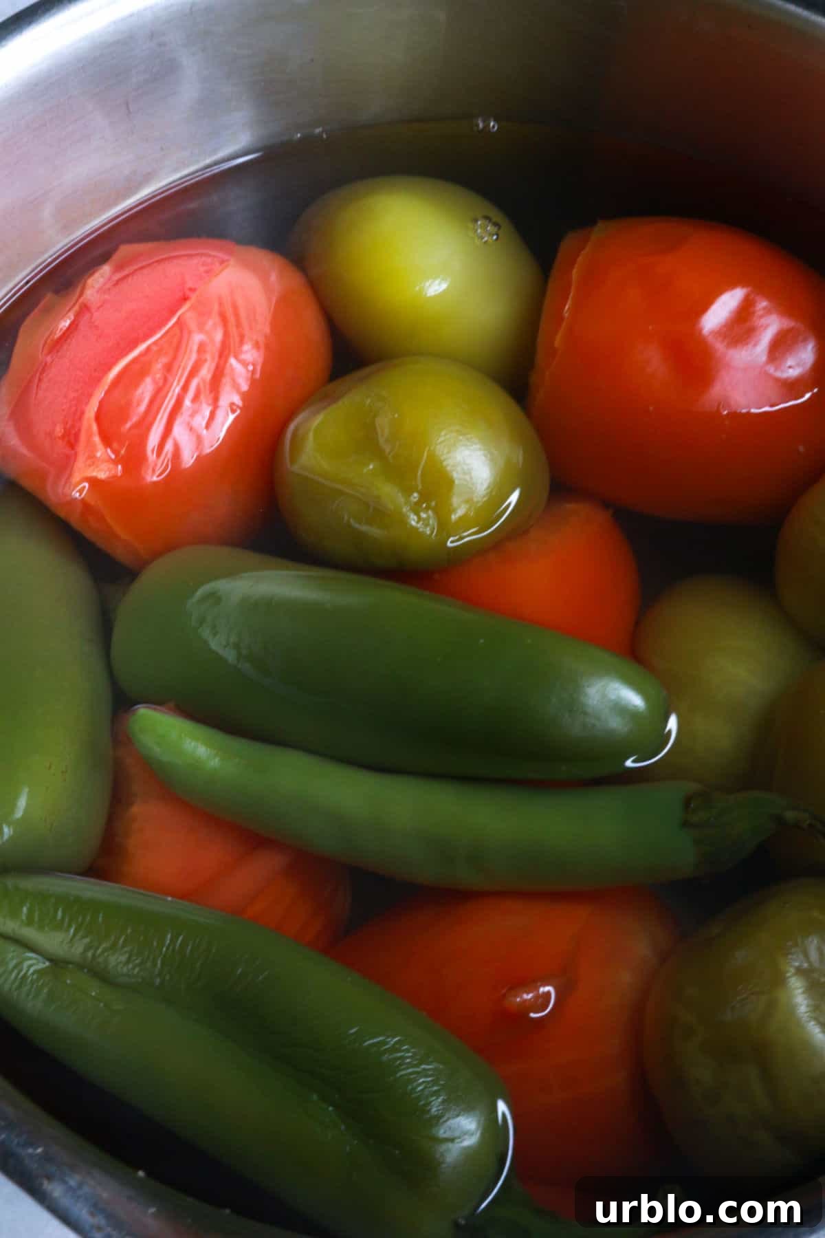 Boiled tomatoes, tomatillos and jalapeños in water