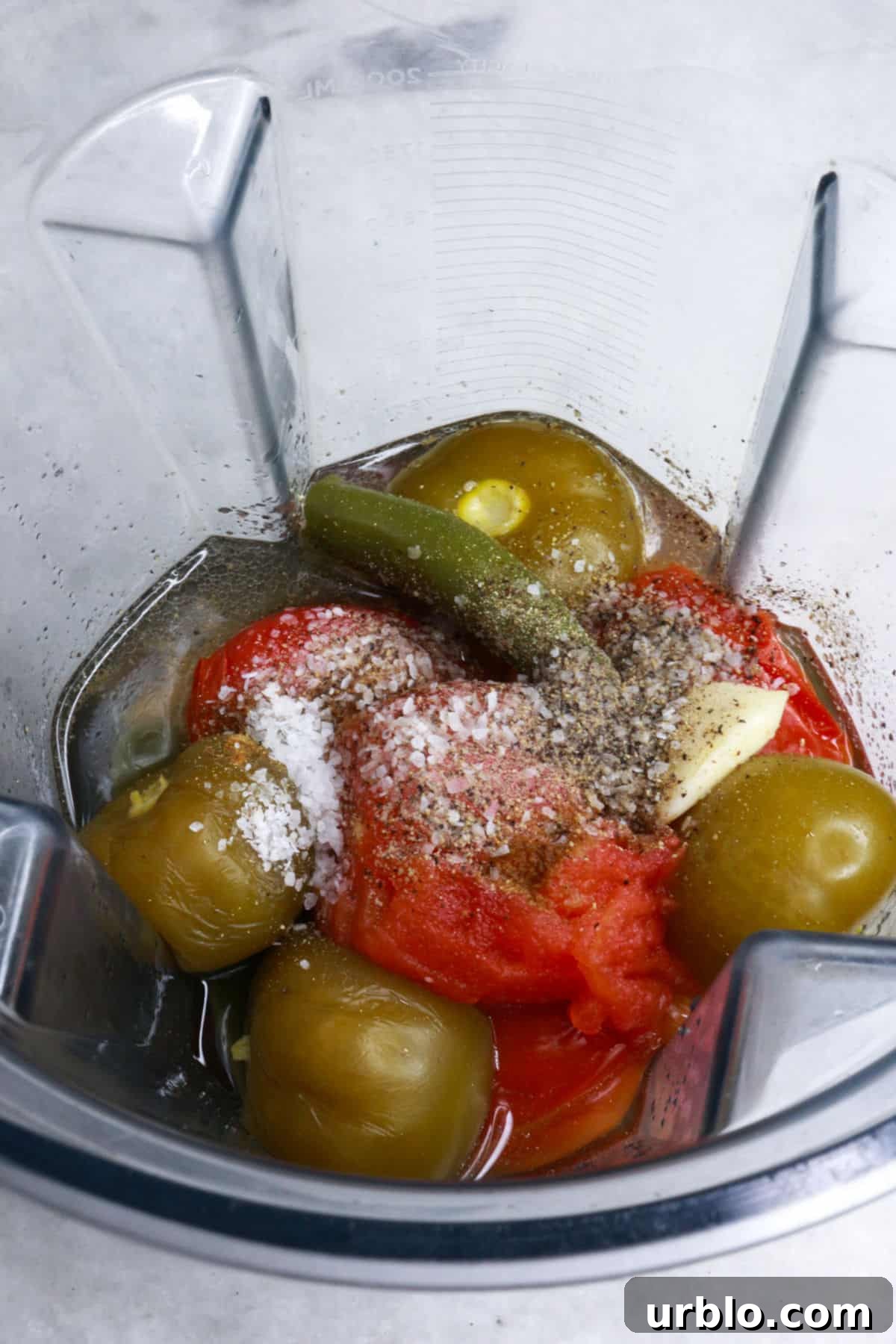 Tomatillos, tomatoes, jalapeños and spices in a blender