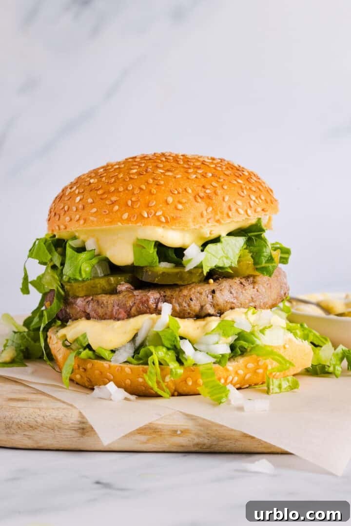 Homemade burger with lots of healthy big mac sauce