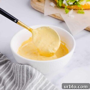 Healthy big mac sauce in a small white bowl, being spooned