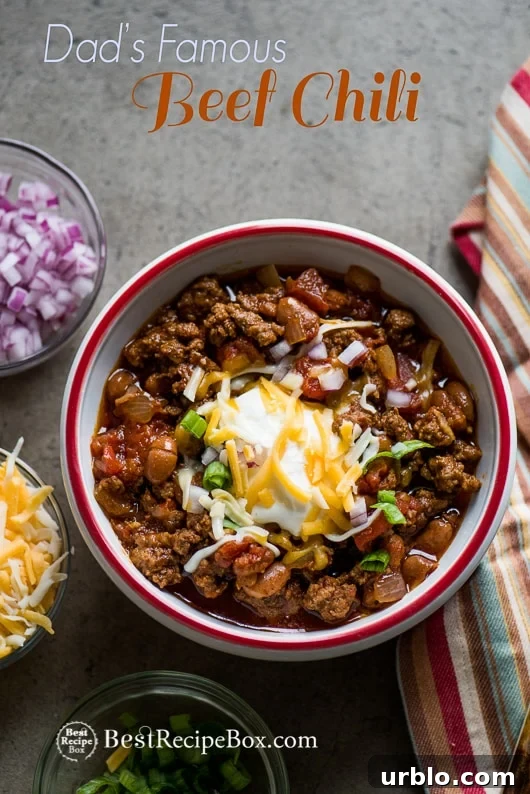 Dad's Famous Chunky Beef Chili Recipe with Beans | @bestrecipebox Dad's Famous Chunky Beef Chili Recipe with Beans in a bowl