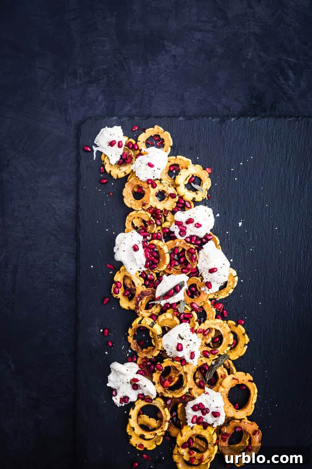 Maple Roasted Delicate Squash with Burrata & Pomegranate Seeds. Plated on a black slate, on the right side.