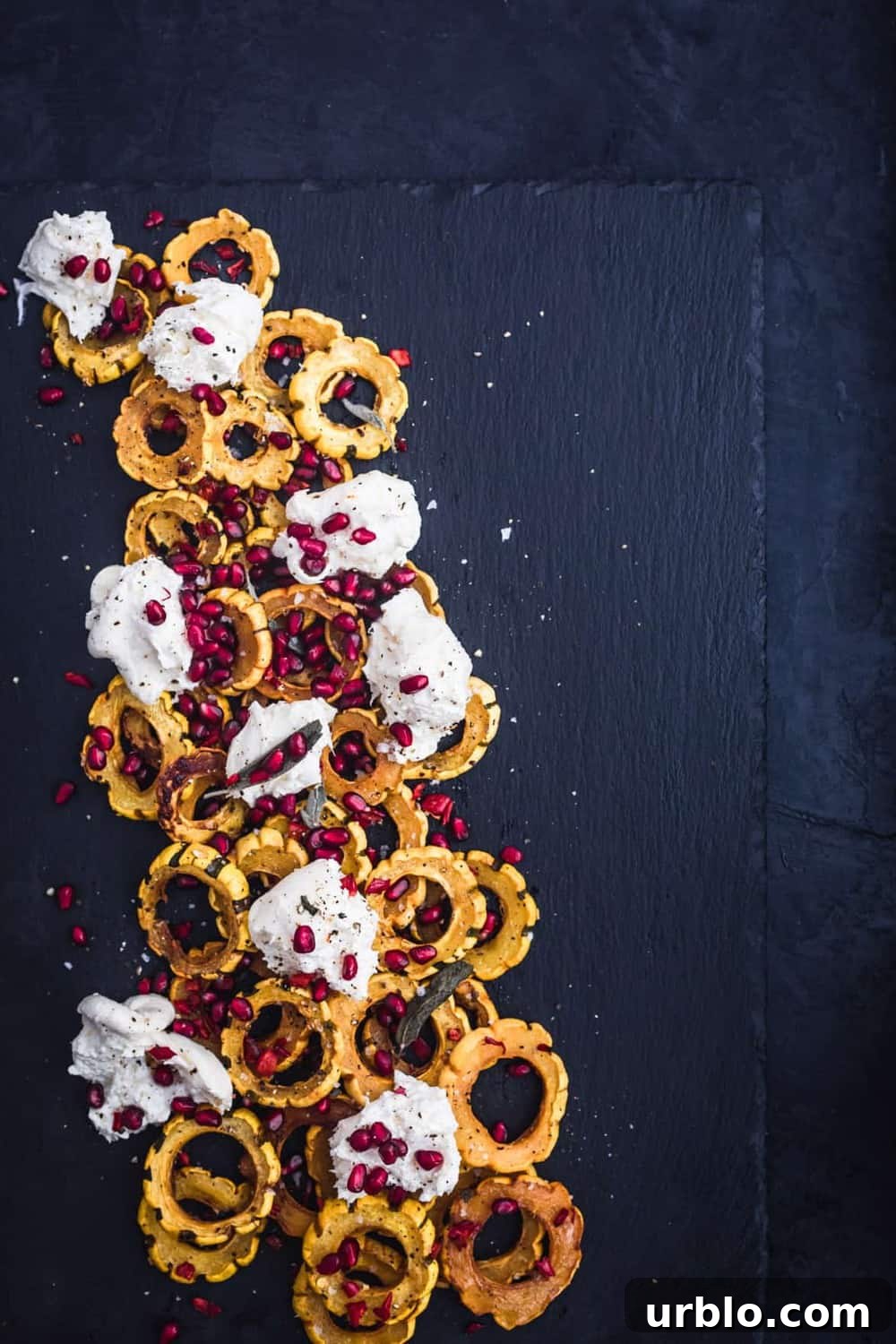 Maple Roasted Delicate Squash with Burrata & Pomegranate Seeds. Plated on a black slate, on the left side.