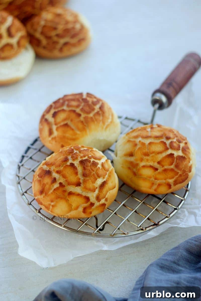 3 tiger bread rolls placed on a wire rack with parchment paper under it.