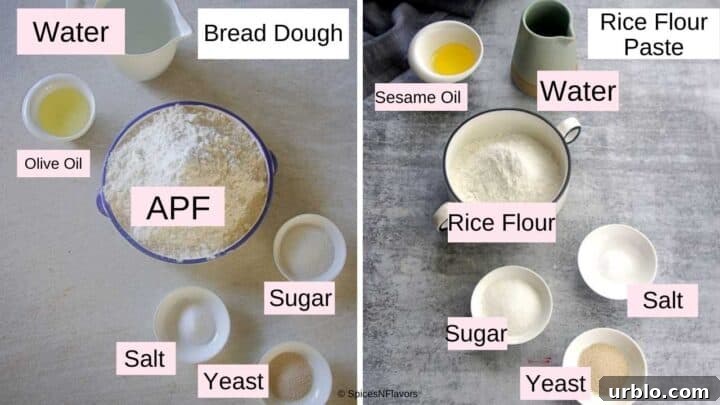 ingredients needed to make the bread dough and the rice flour paste