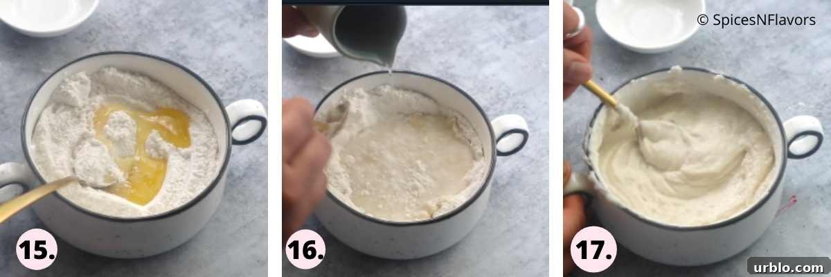 collage of steps showing how to make the rice flour paste