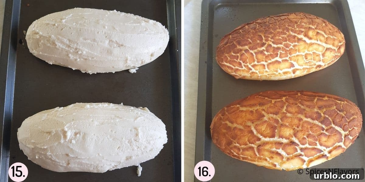 collage of images showing the bread before and after baking