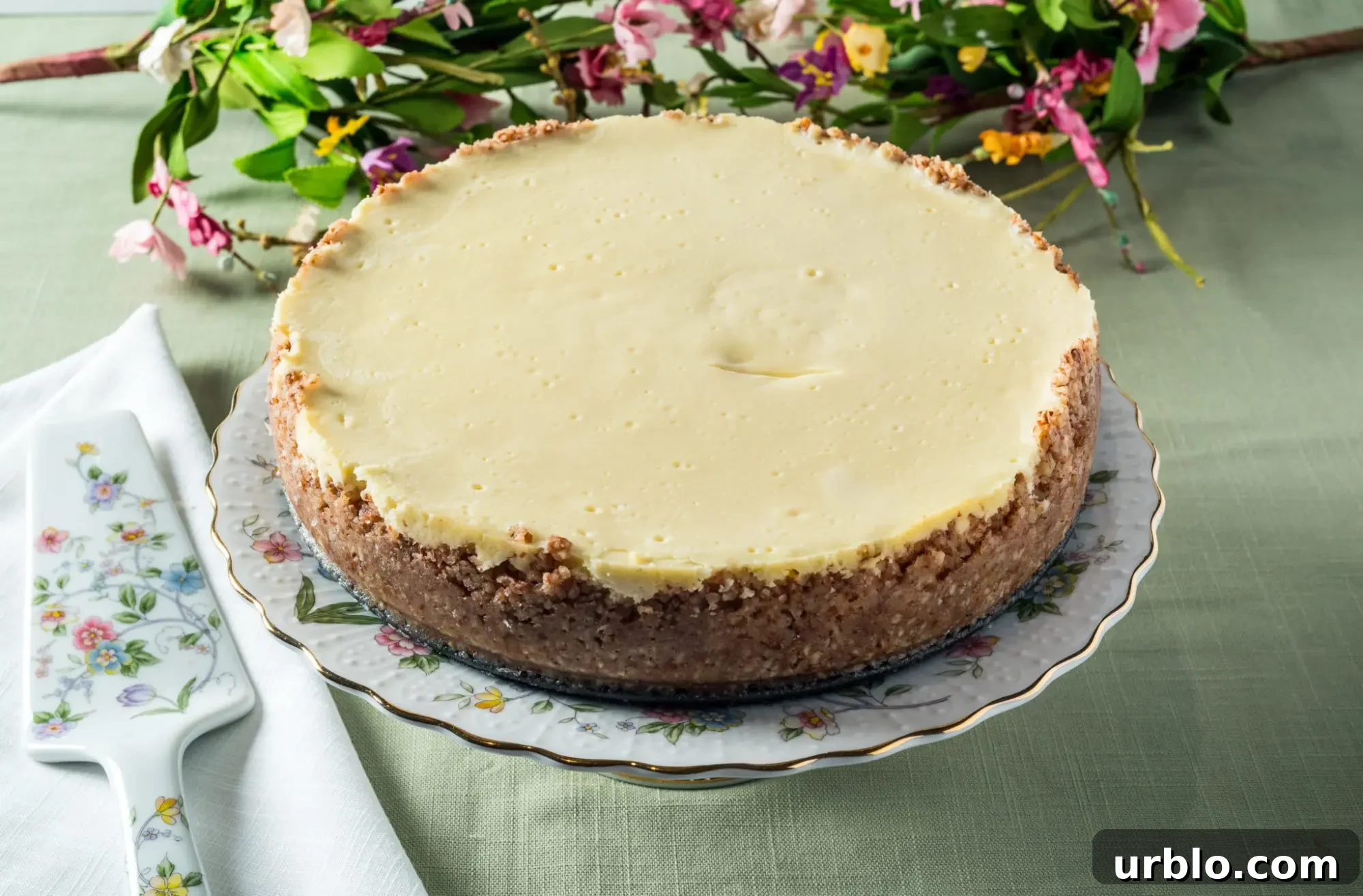 Low Carb Cheesecake on a stand.