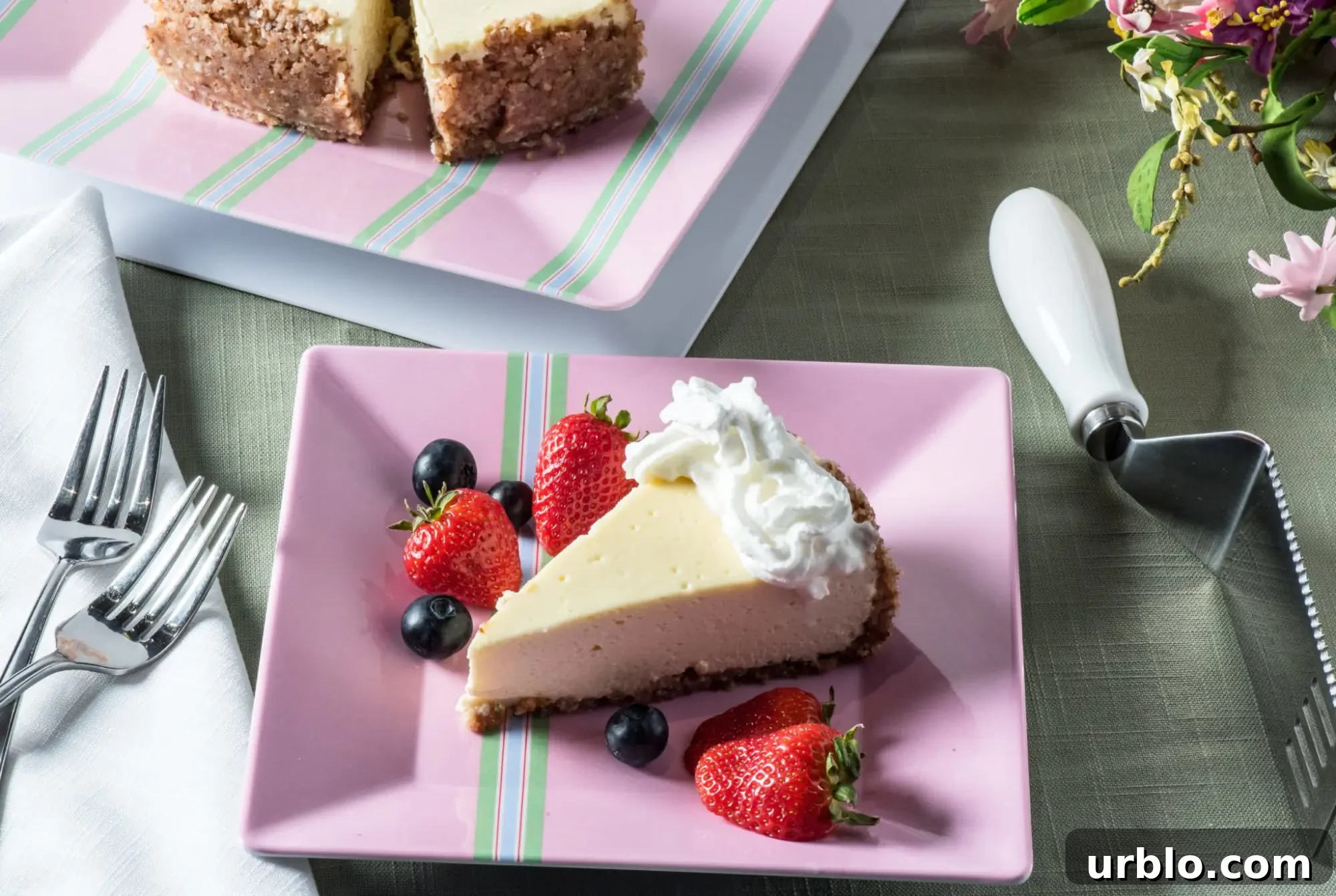 Full picture of low carb cheesecake with serving tools