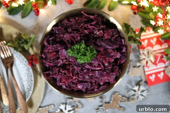 My Fussy Eater Slow Cooker Red Cabbage in a gold bowl on a Christmas themed table