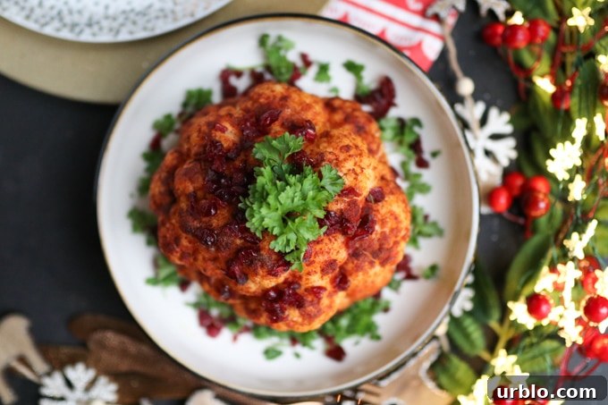 a whole roasted cauliflower on a white serving plate, garnished with fresh parsley and dried cranberries