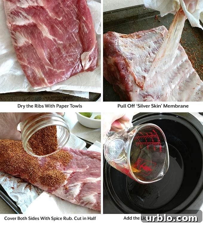 four process images showing drying the ribs with paper towels, removing the skin membrane, rubbing with seasonings, and adding liquid to the slow cooker
