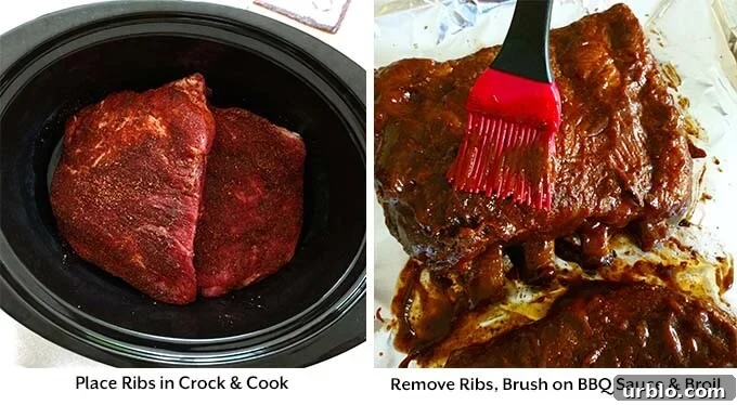 two process images showing the ribs in the slow cooker, and removing them and brushing them with barbecue sauce