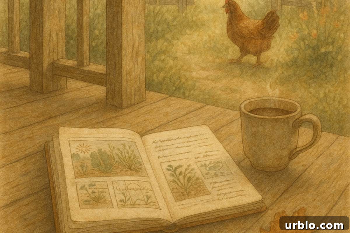 Open book and mug of coffee on wooden porch with chicken nearby.