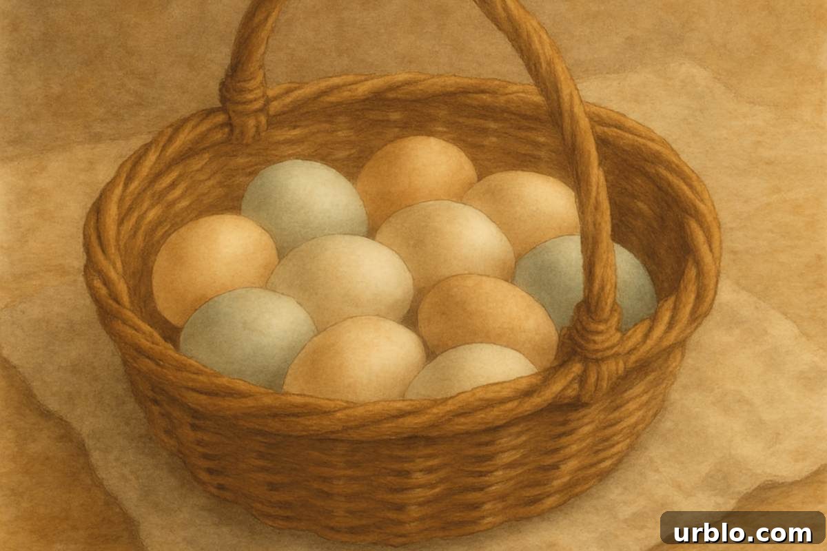 Wicker basket holding pale brown and blue eggs.