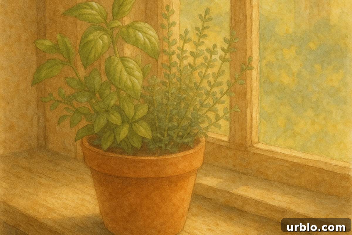 Basil and thyme in a terra cotta pot on wooden windowsill.