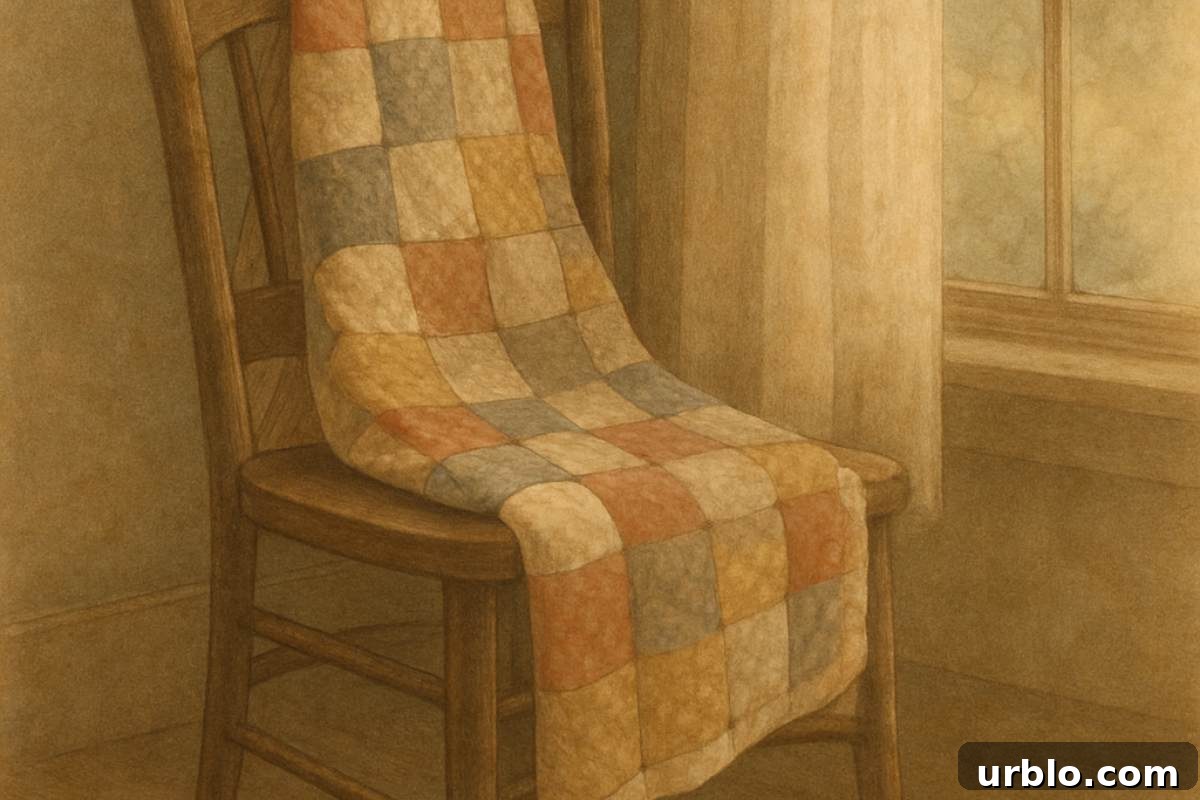 Patchwork quilt draped over a wooden chair next to a window.