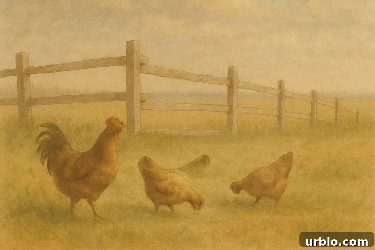 Chickens walking in grass near a wooden fence.