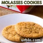 Two ginger molasses cookies on a plate with text overlay.