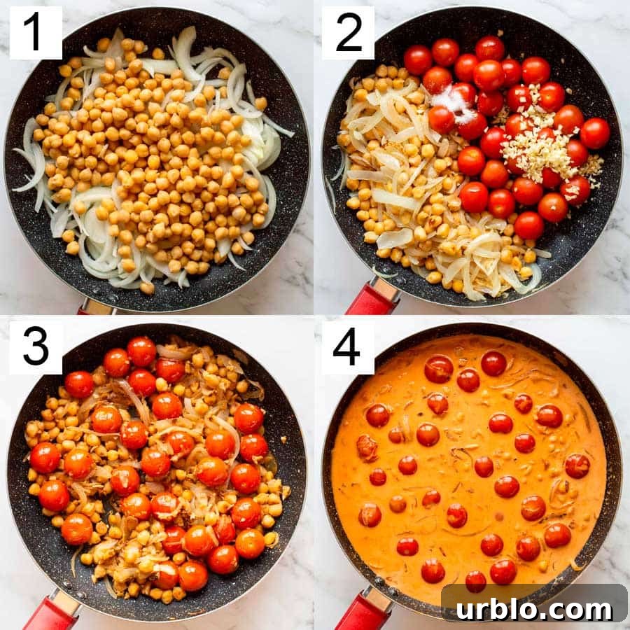 A collage of four images showing, onions and chickpeas in a pan, then them with cherry tomatoes salt and garlic, then all the ingredients cooked, and finally in an orange sauce