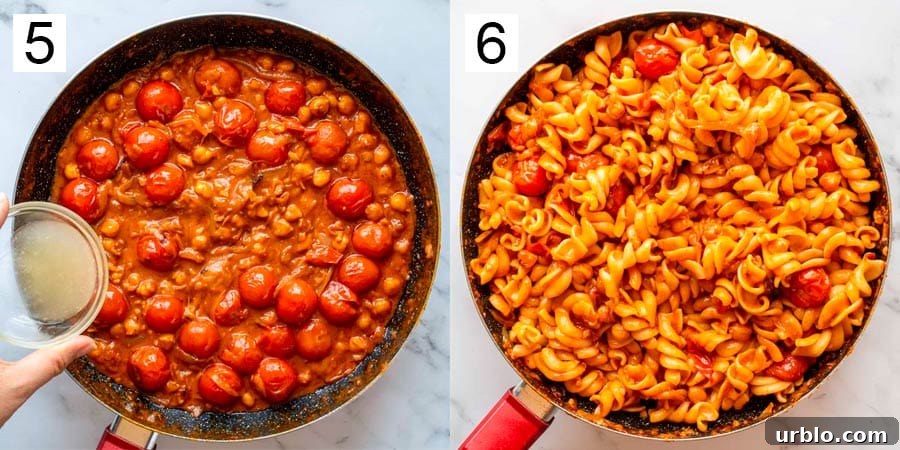 split image with a pan of cherry tomatoes in sauce on the left, and mixed with short pasta on the right