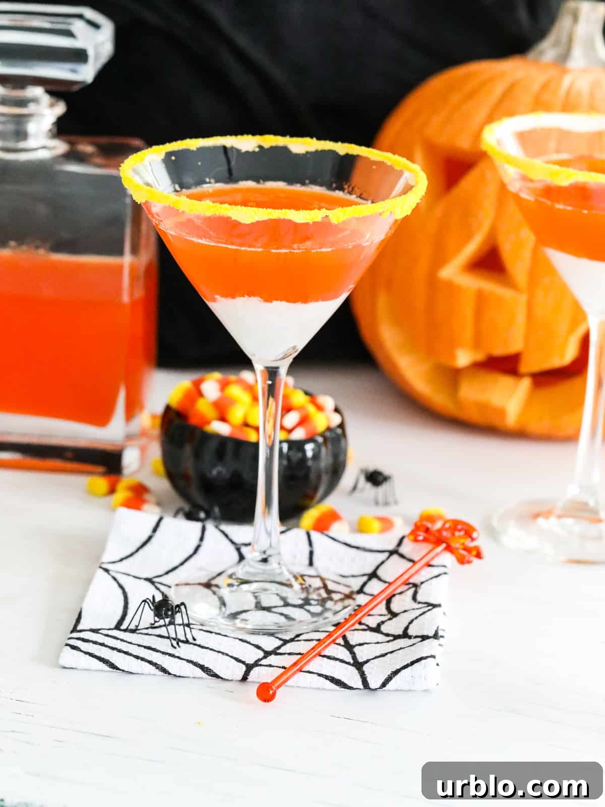 Candy corn martinis with pumpkin