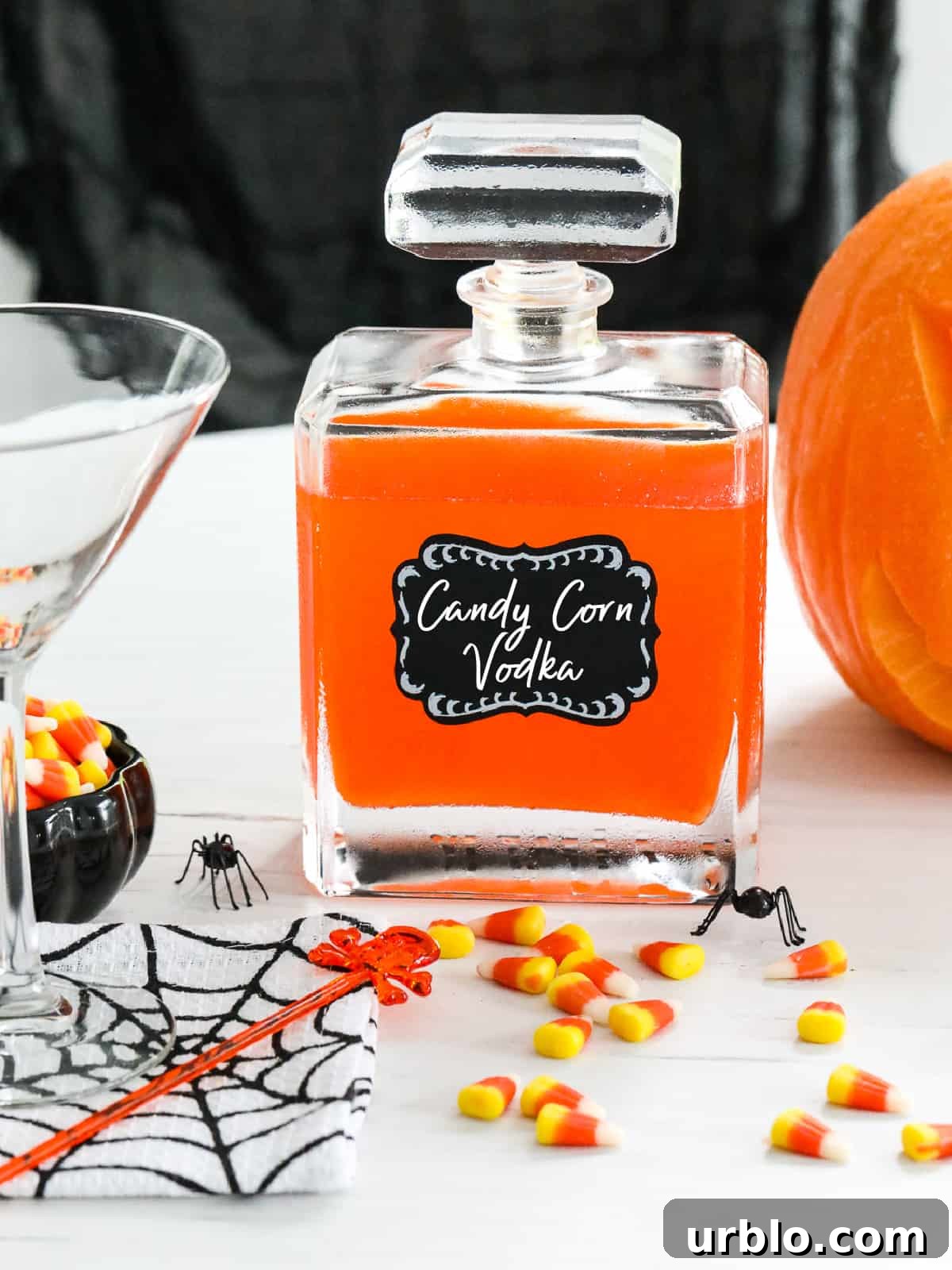 Candy corn vodka in a decanter