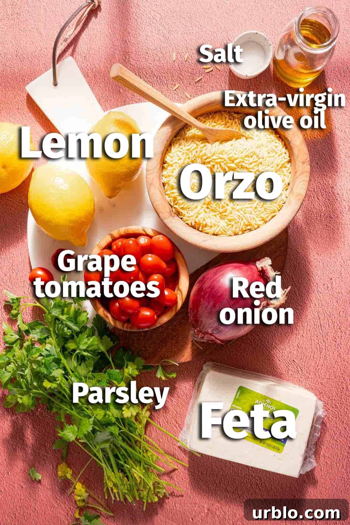 ingredients for lemon orzo pasta salad on pink background with ingredient labels.