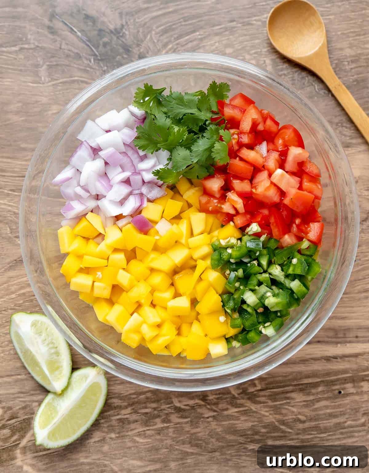 Diced ingredients to make mango pico de gallo