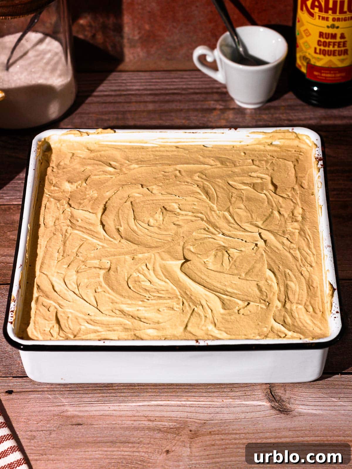 Eggless tiramisu with espresso mascarpone whipped cream.