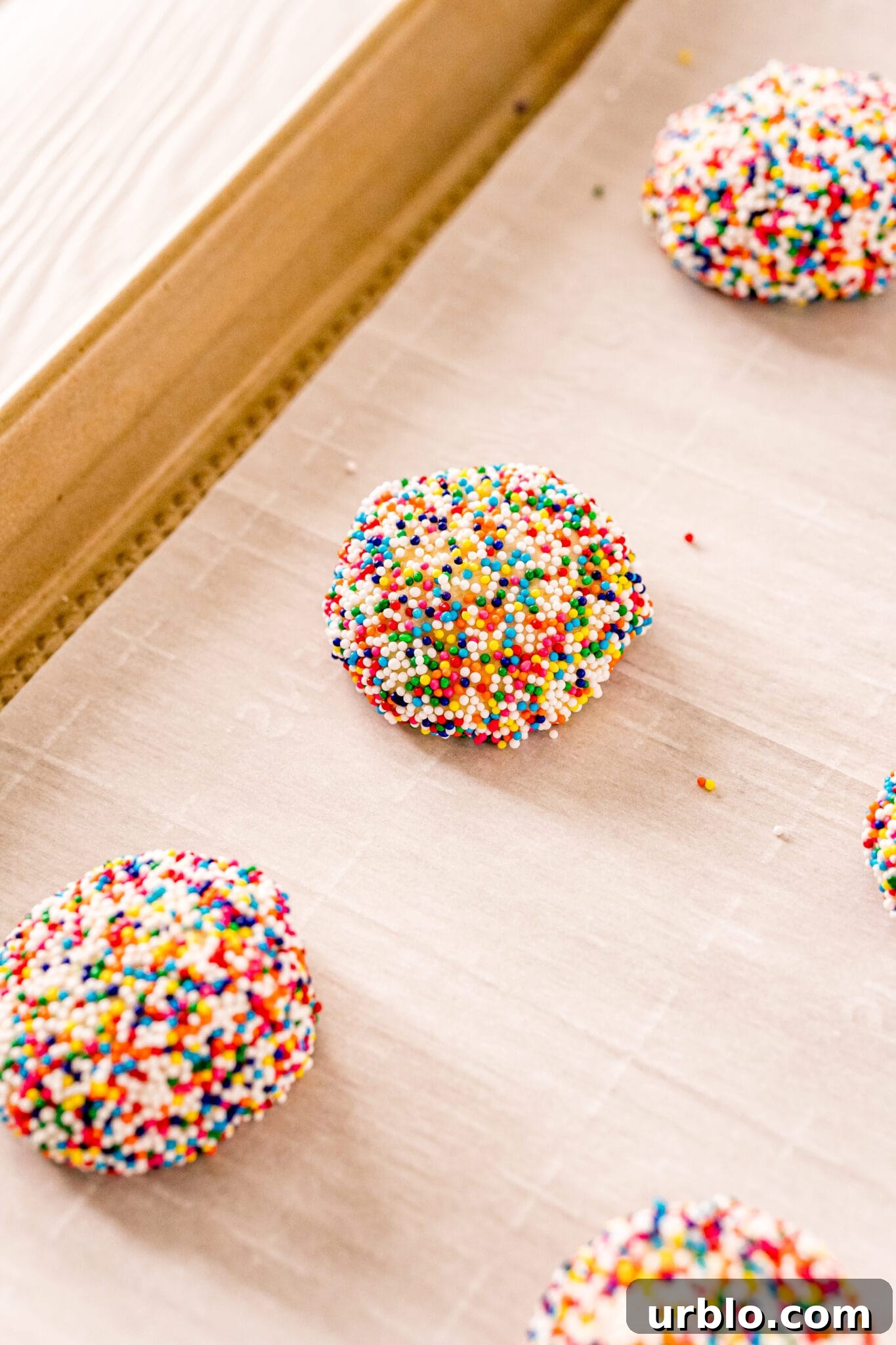 cookie dough covered in rainbow sprinkles