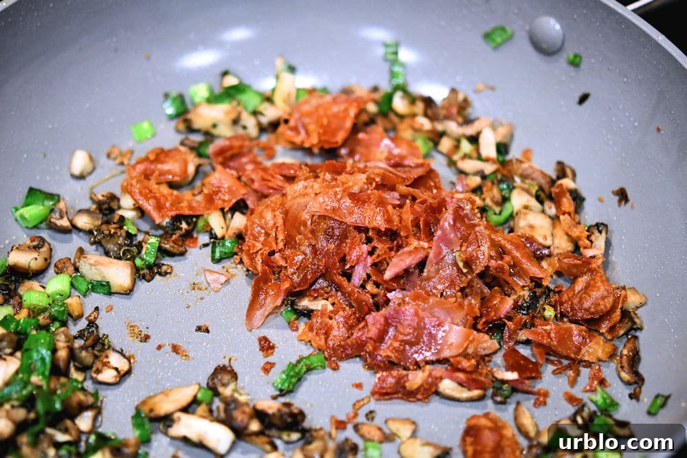 Crispy Prosciutto and Mushroom Pasta Dinner Recipe 7 24bite: prosciutto, green onions and mushrooms in skillet to saute