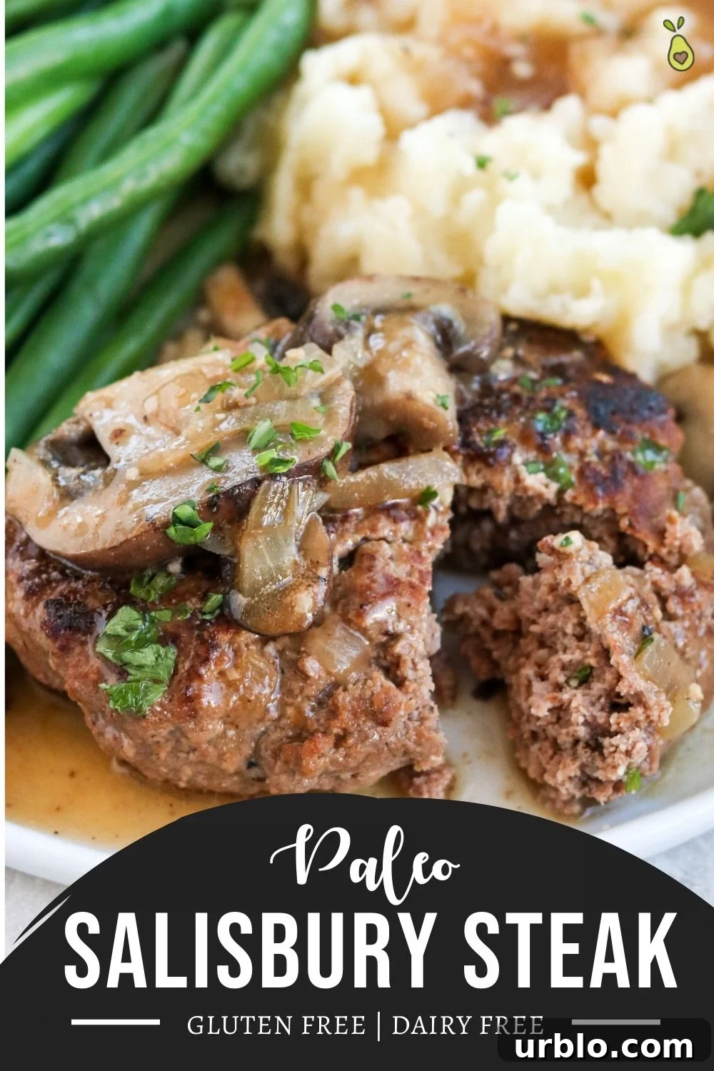 long pin of Salisbury steak with mushroom gravy