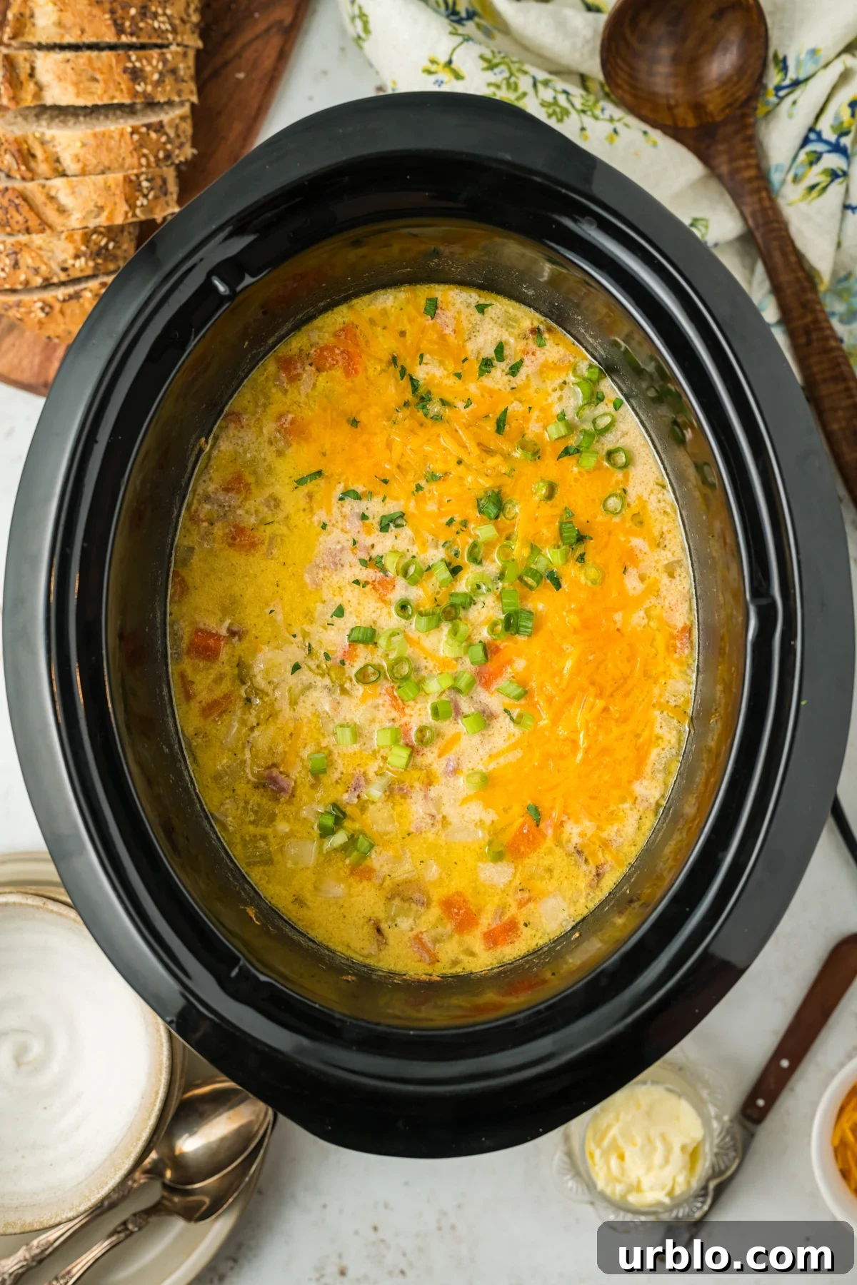 overhead of ham and potato soup in a slow cooker.