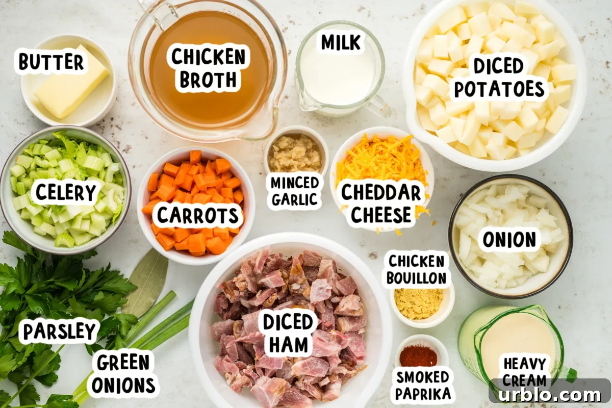 ingredients for slow cooker ham and potato soup on a table.