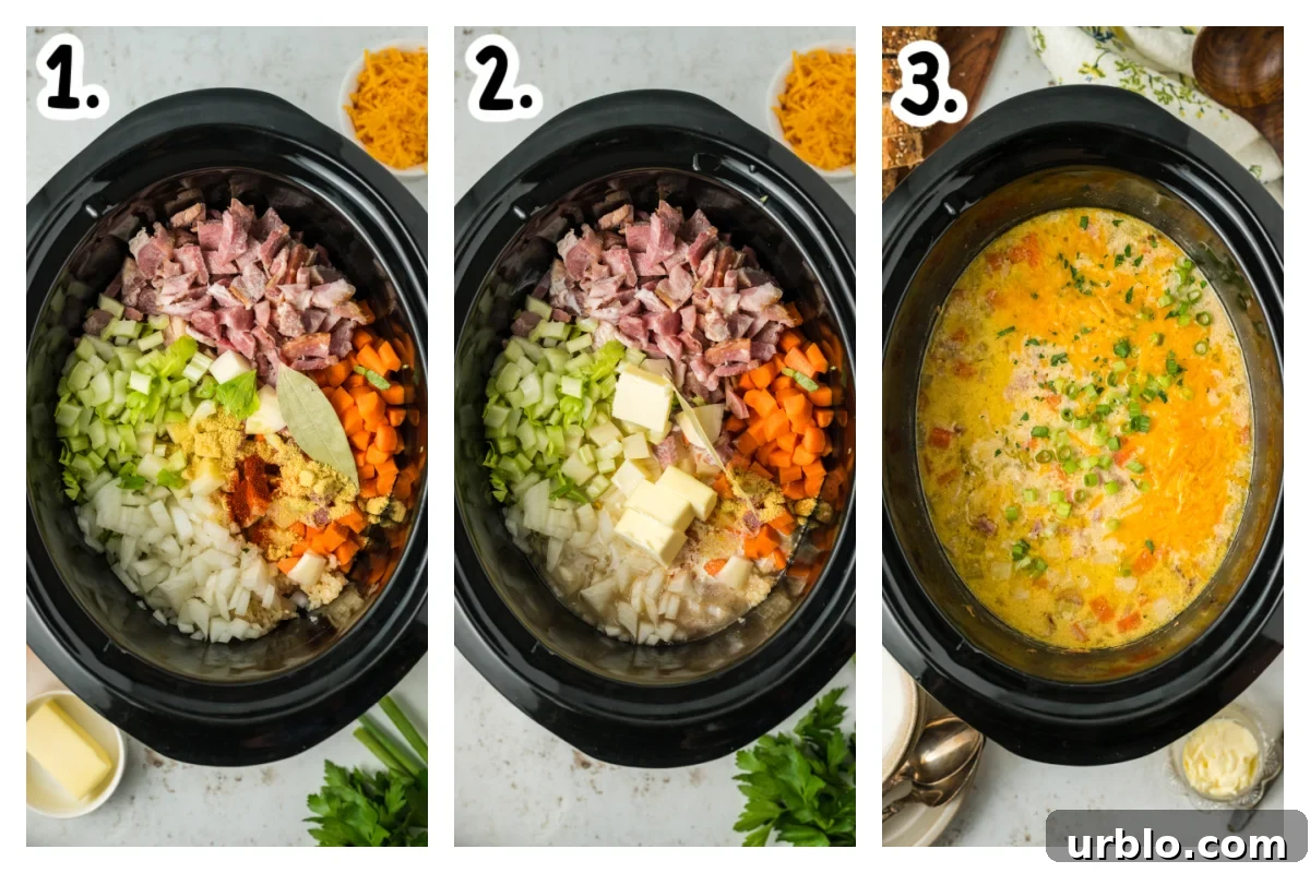 three images showing how to make slow cooker ham and potato soup.