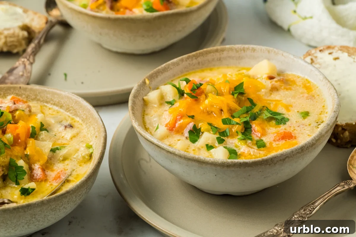 slow cooker ham and potato soup in individual serving bowls.