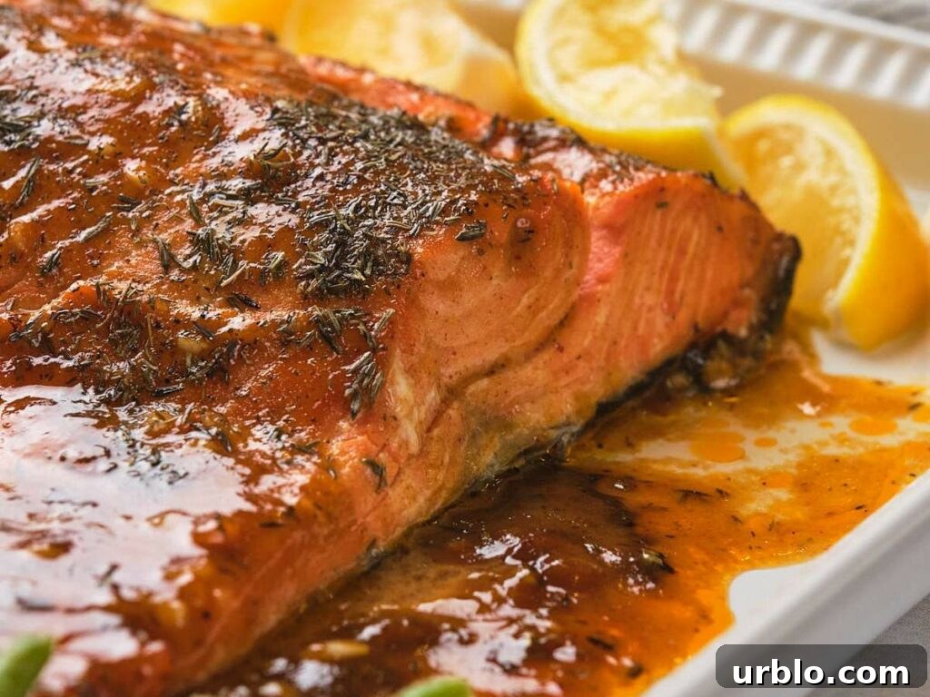 Honey mustard glazed salmon with herbs and sauce, garnished with lemon wedges on a white platter.