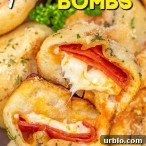 cross section of pizza bomb bites with text overlay
