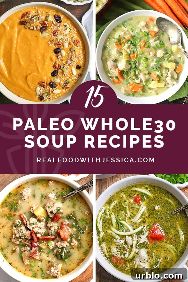 Assorted bowls of Paleo Whole30 soups