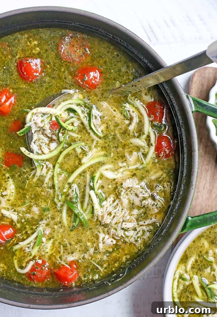 Pesto chicken zoodle soup