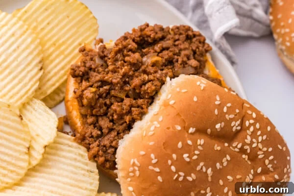 looking down onto a sloppy joes sandwich with the top bun halfway covering the filling