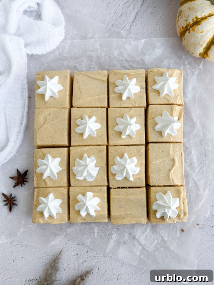 no bake pumpkin cheesecake bars finished and topped with whip cream.