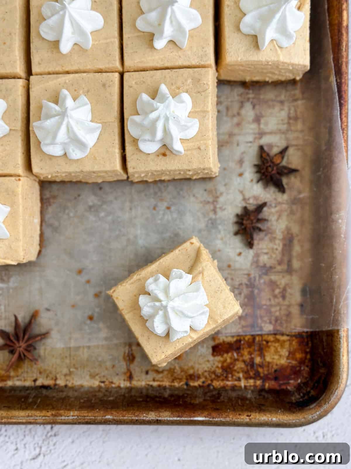 a square of the no bake pumpkin cheesecake bars.