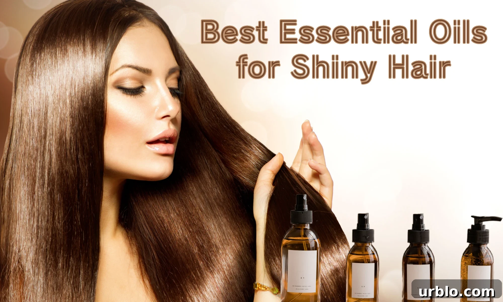 A woman with beautiful, brown, shiny hair and a selection of various hair oils. The text reads, "Best Essential Oils for Shiny Hair."