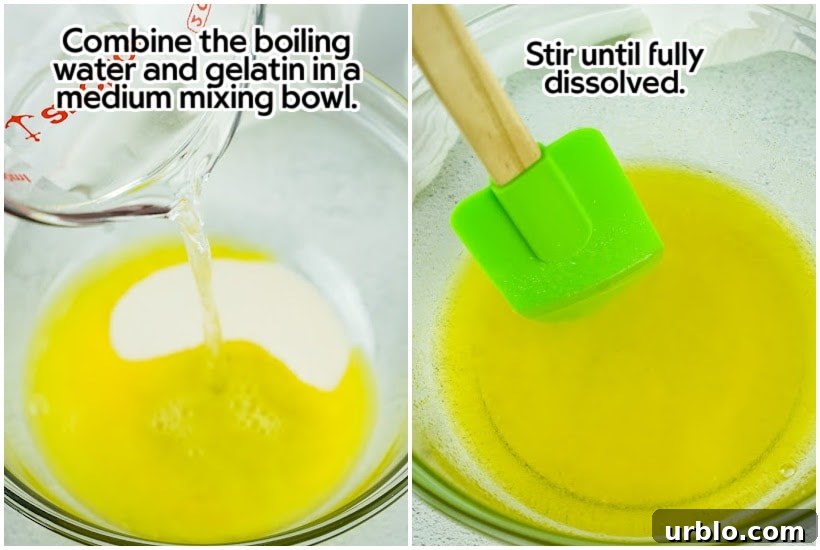 Boiling water and gelatin combined and stirred.