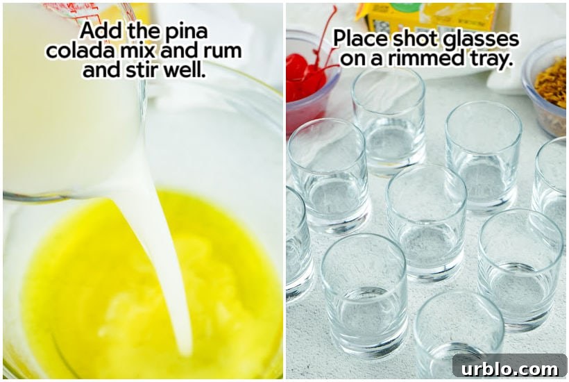 Piña colada mix and rum added to gelatin mixture.